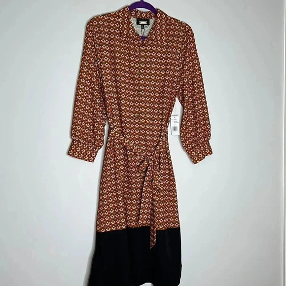 New Alexia Admor Dress 3/4 Sleeve Button Front S Geometric Belted - Picture 2 of 12